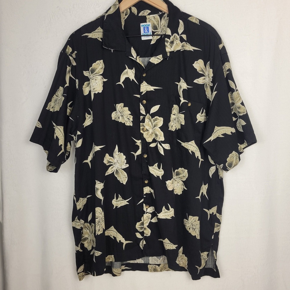 Hook & Tackle Mens XL Black Marlin Floral Herringbone Short Sleeve Fishing Shirt